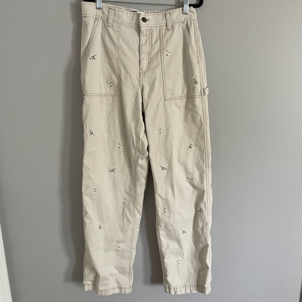 Old Navy Carpenter Pants Womens 6 Tall Beige Floral Embroidered Straight Utility
